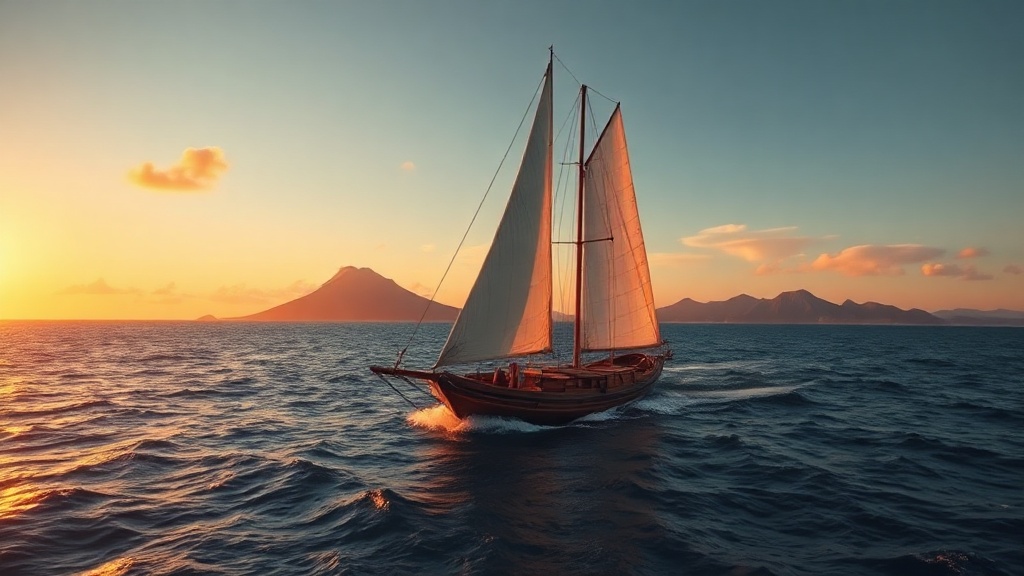 Traditional phinisi sailing ship under full sail off the Flores coast at golden hour